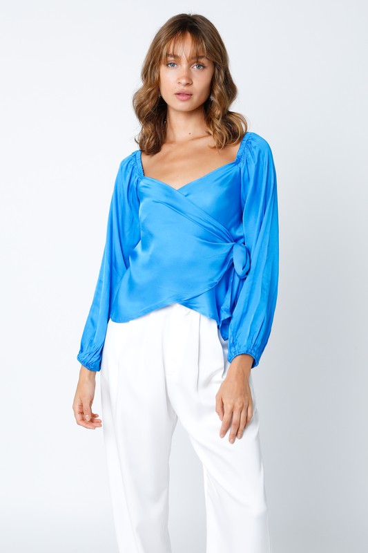Olivaceous BEVERLY SATIN WRAP TOP – House of Sage