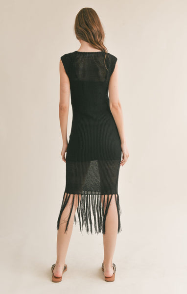 Mila Knitted Fringe Midi - Black