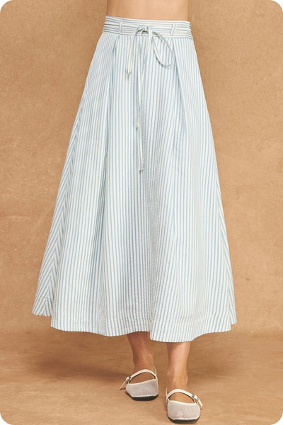 A-Line Seersucker Midi Skirt - Blue