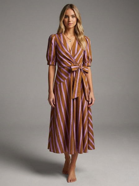 Abstract Stripes Poplin Midi - Brown