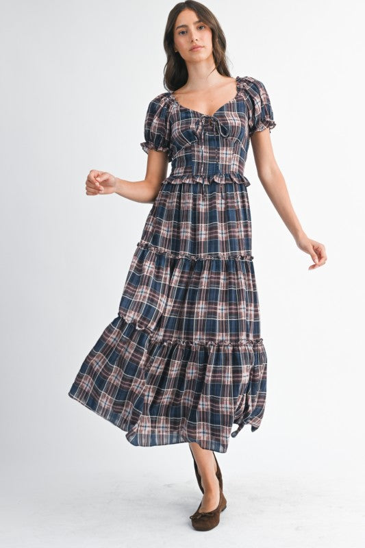 Alice Checkered Tiered Maxi - Navy