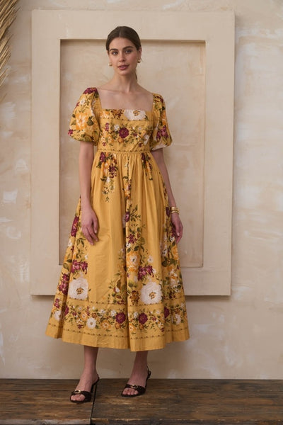 Allison Puff Slv Floral Midi - Yellow