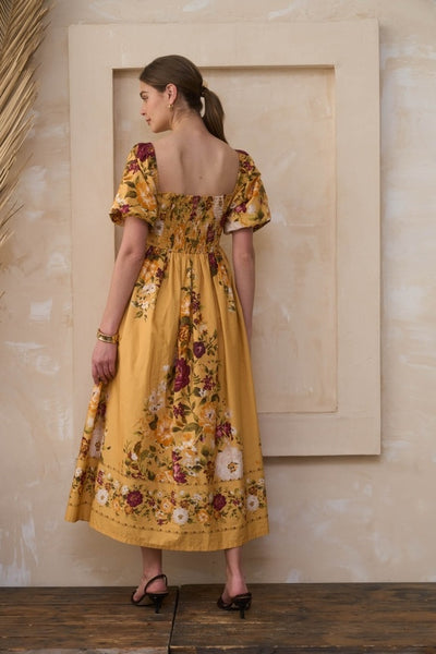 Allison Puff Slv Floral Midi - Yellow