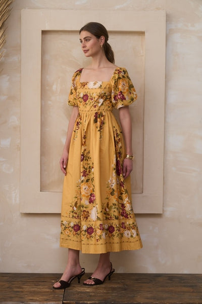 Allison Puff Slv Floral Midi - Yellow