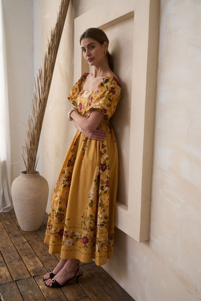 Allison Puff Slv Floral Midi - Yellow