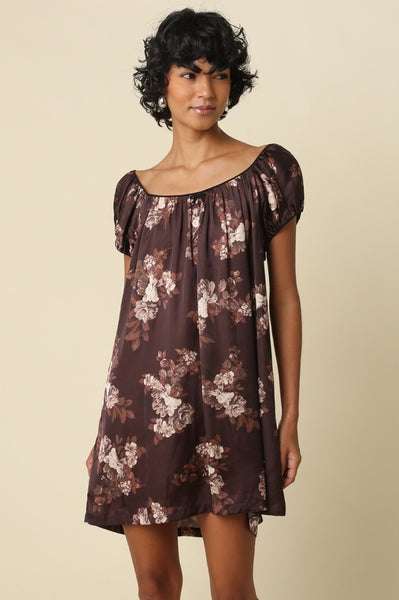 Ana Floral Satin Puff Slv Mini - Brown