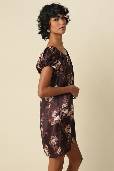Ana Floral Satin Puff Slv Mini - Brown