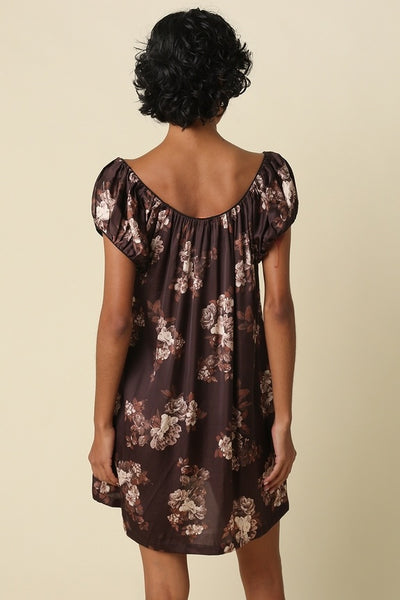 Ana Floral Satin Puff Slv Mini - Brown