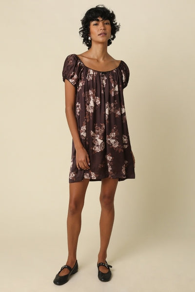 Ana Floral Satin Puff Slv Mini - Brown