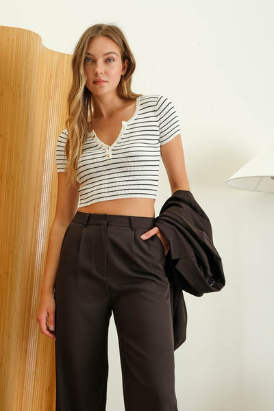 Ana Stripe Henley Crop Top - Ivory