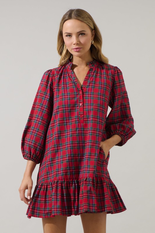 Arvada Plaid Shift Mini Dress - Red