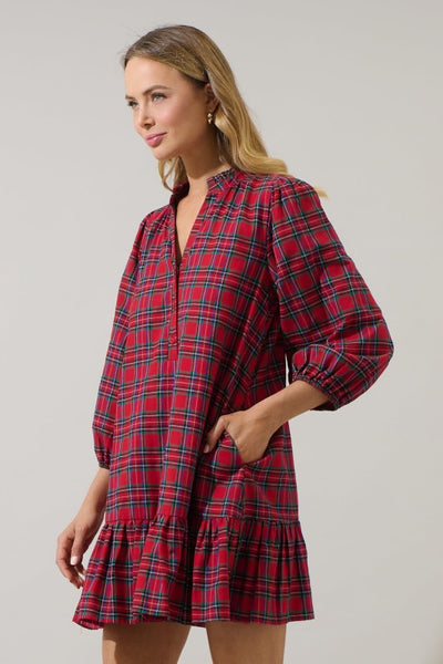 Arvada Plaid Shift Mini Dress - Red