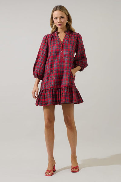 Arvada Plaid Shift Mini Dress - Red