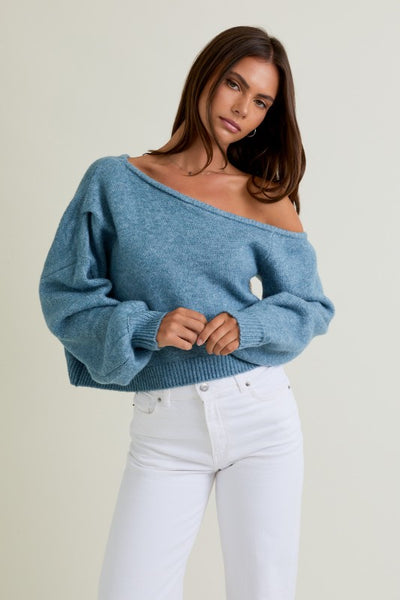 Asymmetrical Shoulder Sweater - Blue