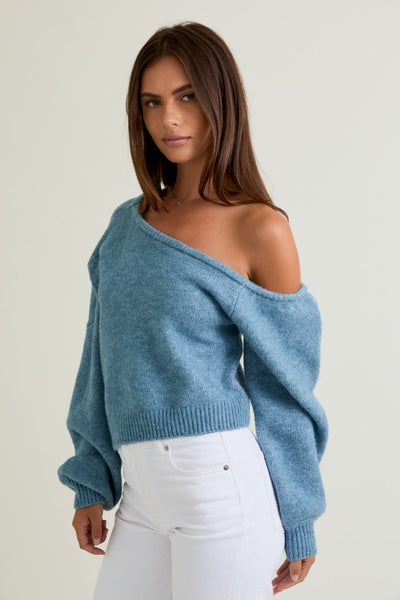 Asymmetrical Shoulder Sweater - Blue