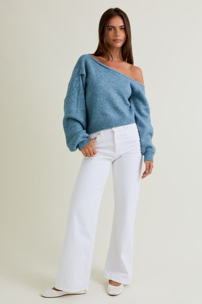 Asymmetrical Shoulder Sweater - Blue