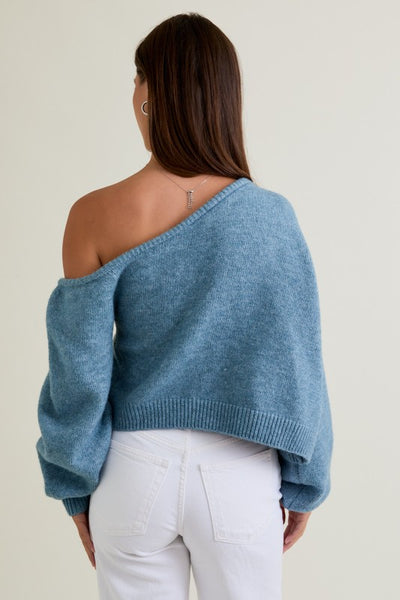 Asymmetrical Shoulder Sweater - Blue