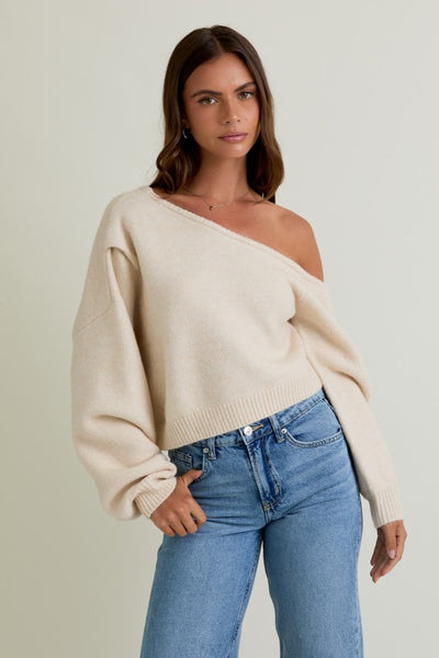 Asymmetrical Shoulder Sweater - Cream