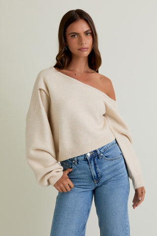 Asymmetrical Shoulder Sweater - Cream