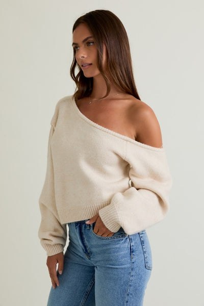Asymmetrical Shoulder Sweater - Cream