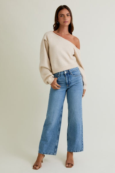 Asymmetrical Shoulder Sweater - Cream