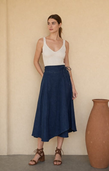 Asymmetrical Wrap Midi Skirt - Denim