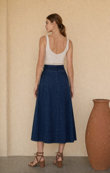 Asymmetrical Wrap Midi Skirt - Denim
