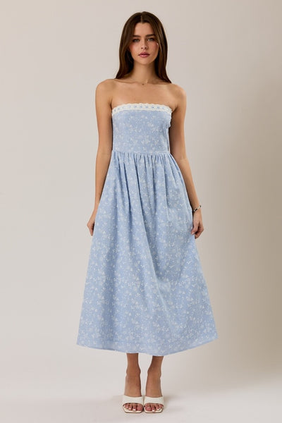 Ava Lace Trim Strapless Midi - Floral Print
