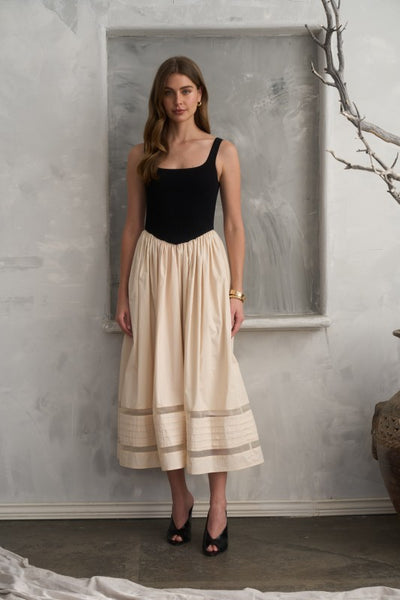 Basque Waist Combo Midi Dress - Black