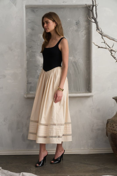 Basque Waist Combo Midi Dress - Black
