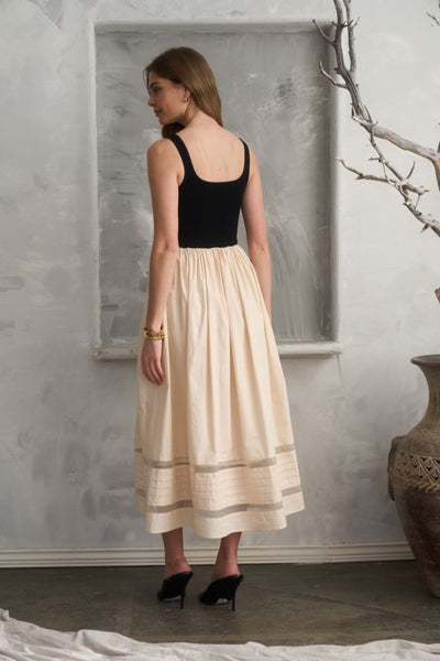 Basque Waist Combo Midi Dress - Black