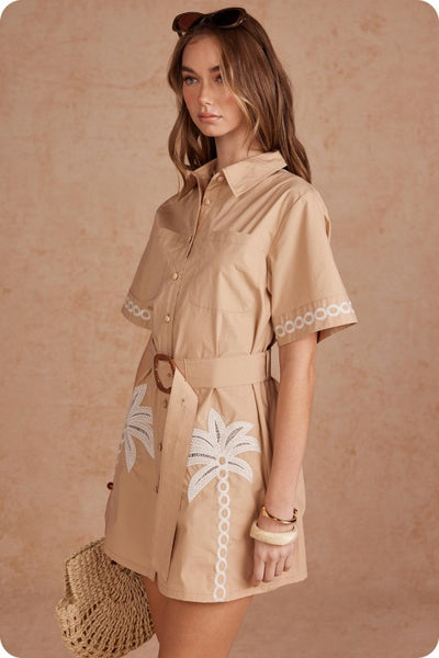 Belted Palm Tree Mini Dress - Taupe