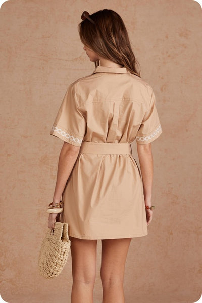 Belted Palm Tree Mini Dress - Taupe