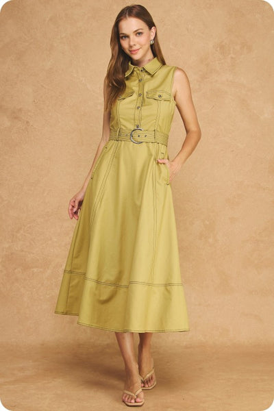 Belted Utility Midi Dress - Yellow