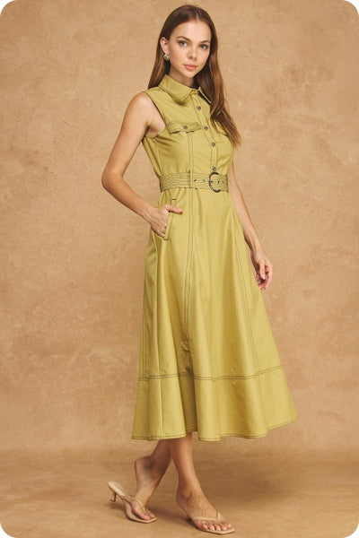 Belted Utility Midi Dress - Yellow
