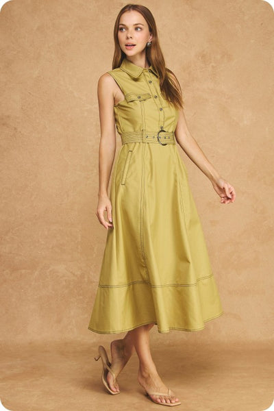 Belted Utility Midi Dress - Yellow