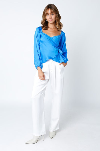 Beverly Satin Wrap Top - Blue