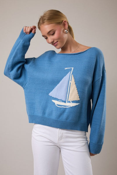 Boat Neck Boat Print Sweater - Blue