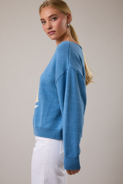 Boat Neck Boat Print Sweater - Blue