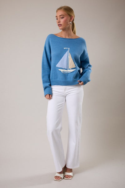 Boat Neck Boat Print Sweater - Blue