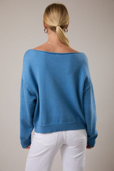 Boat Neck Boat Print Sweater - Blue