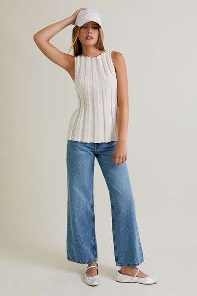 Boat Neck Flare Ribbed Sweater - Ivory