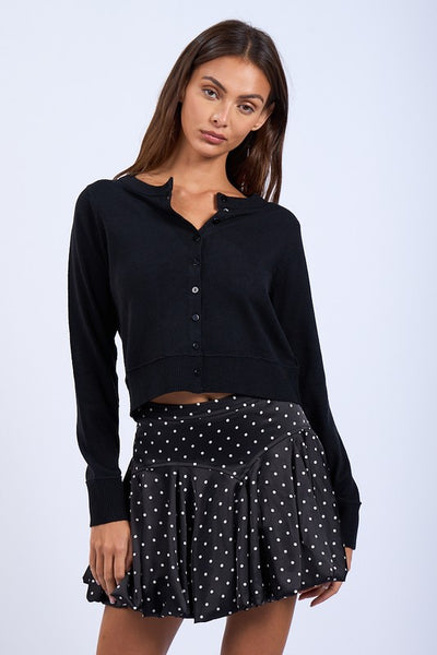 Boat Neck Front Button Sweater - Black