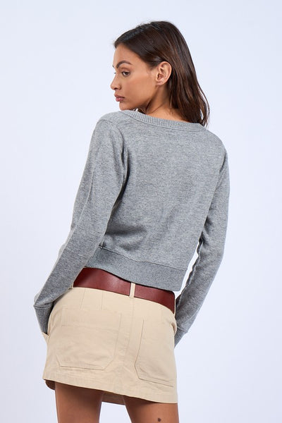 Boat Neck Front Button Sweater - Grey