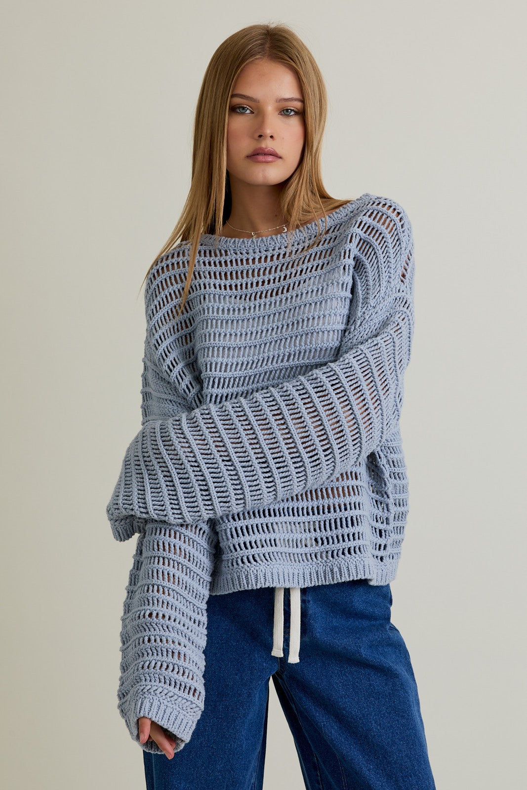 Boat Neck Openwork Sweater Top - Blue
