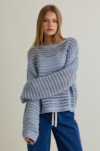 Boat Neck Openwork Sweater Top - Blue