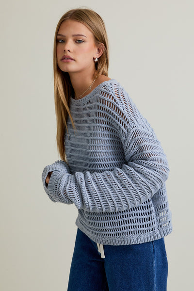 Boat Neck Openwork Sweater Top - Blue