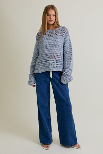 Boat Neck Openwork Sweater Top - Blue