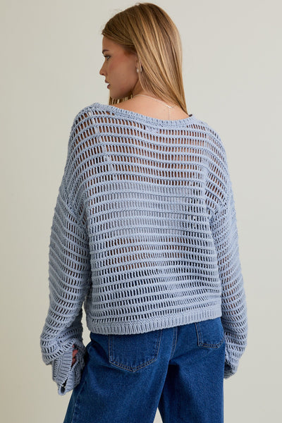 Boat Neck Openwork Sweater Top - Blue