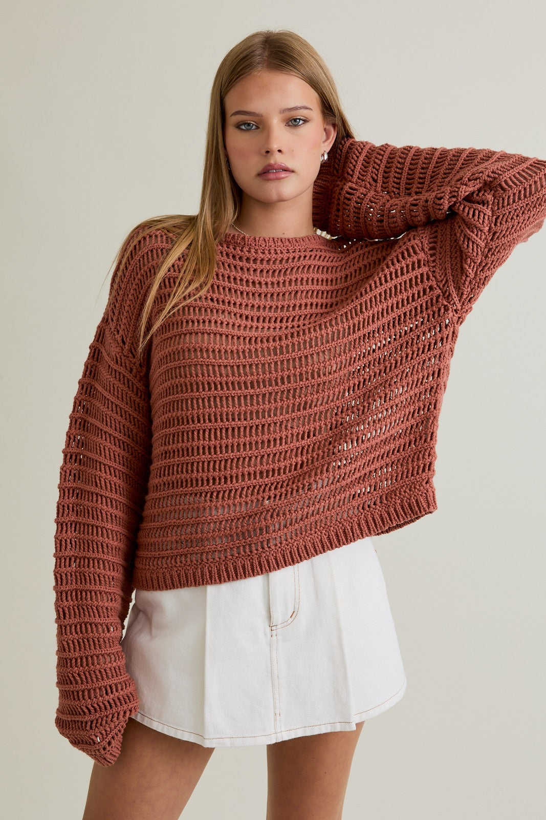 Boat Neck Openwork Sweater Top - Rust